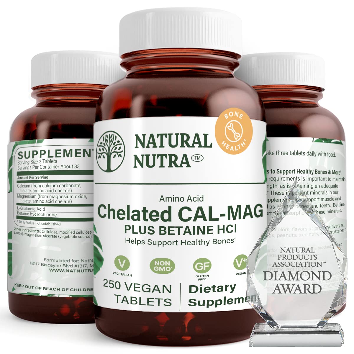 Natural Nutra calcio-magnesio quelado en botella, soporte para huesos y dientes sanos.