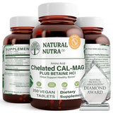 Natural Nutra calcio-magnesio quelado en botella, soporte para huesos y dientes sanos.