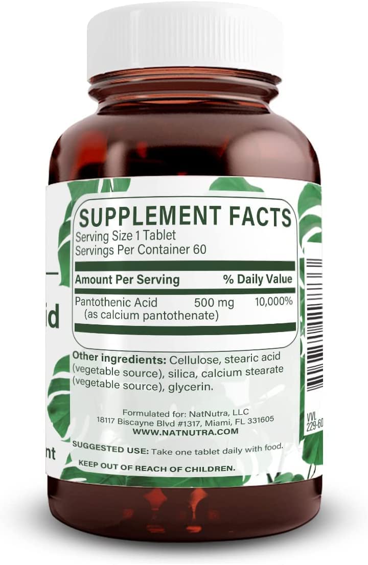 Natural Nutra cápsulas vegetarianas vitamina B5 de 500 mg para energía sostenida.