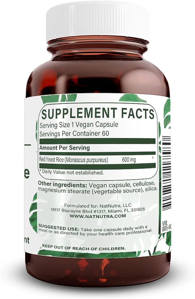 Natural Nutra cápsulas de levadura roja, fórmula vegana y fácil de tragar