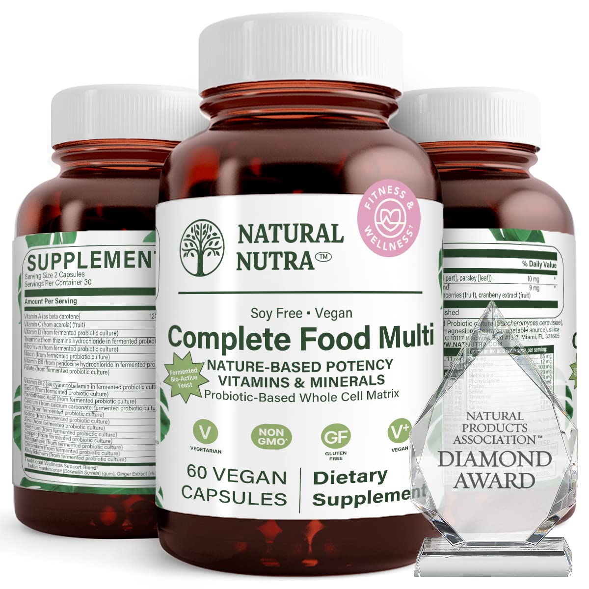 Natural Nutra complemento vitamínico cápsulas, botella de vidrio ámbar, protege nutrientes para uso diario.