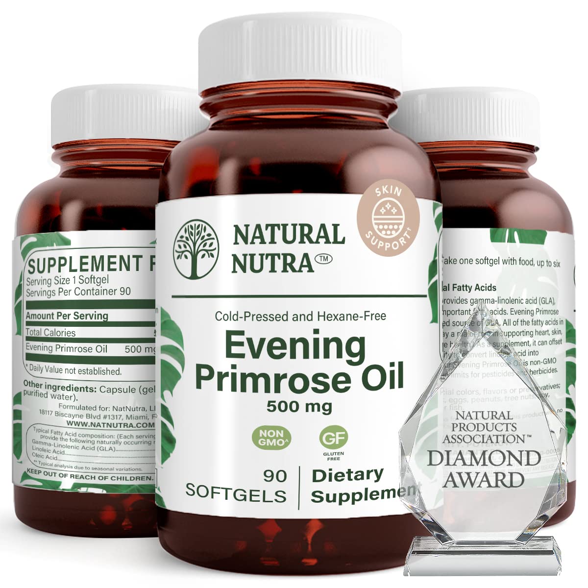 Natural Nutra Onagra 500 mg cápsulas blandas en botella, posible apoyo a la piel.