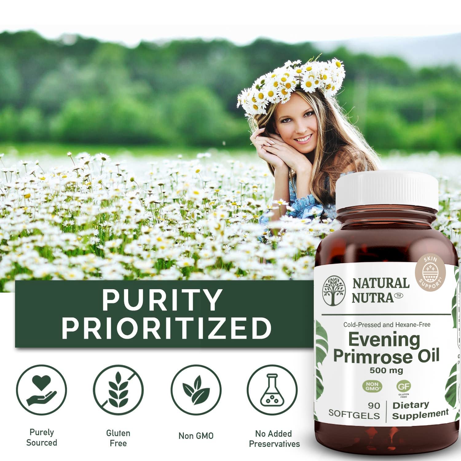 Natural Nutra Onagra 500 mg, frasco libre de BPA para seguridad y pureza.