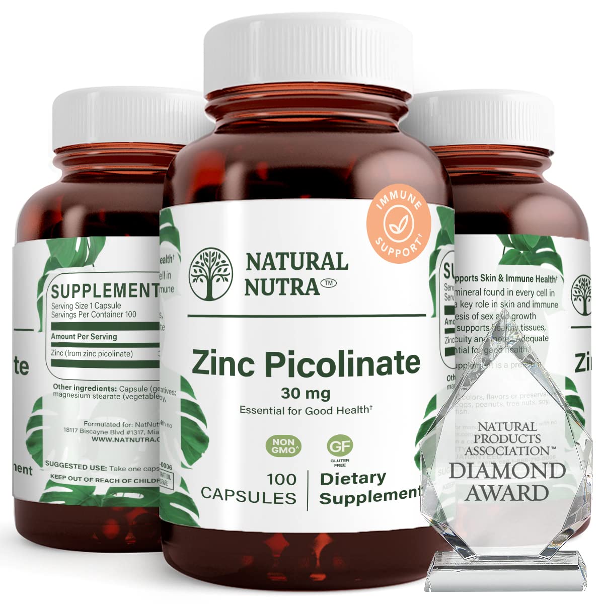 Natural Nutra Zinc Picolinate 30 mg en botella ámbar, soporte inmunitario y piel saludable.