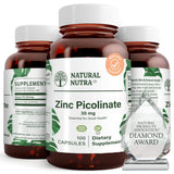 Natural Nutra Zinc Picolinate 30 mg en botella ámbar, soporte inmunitario y piel saludable.