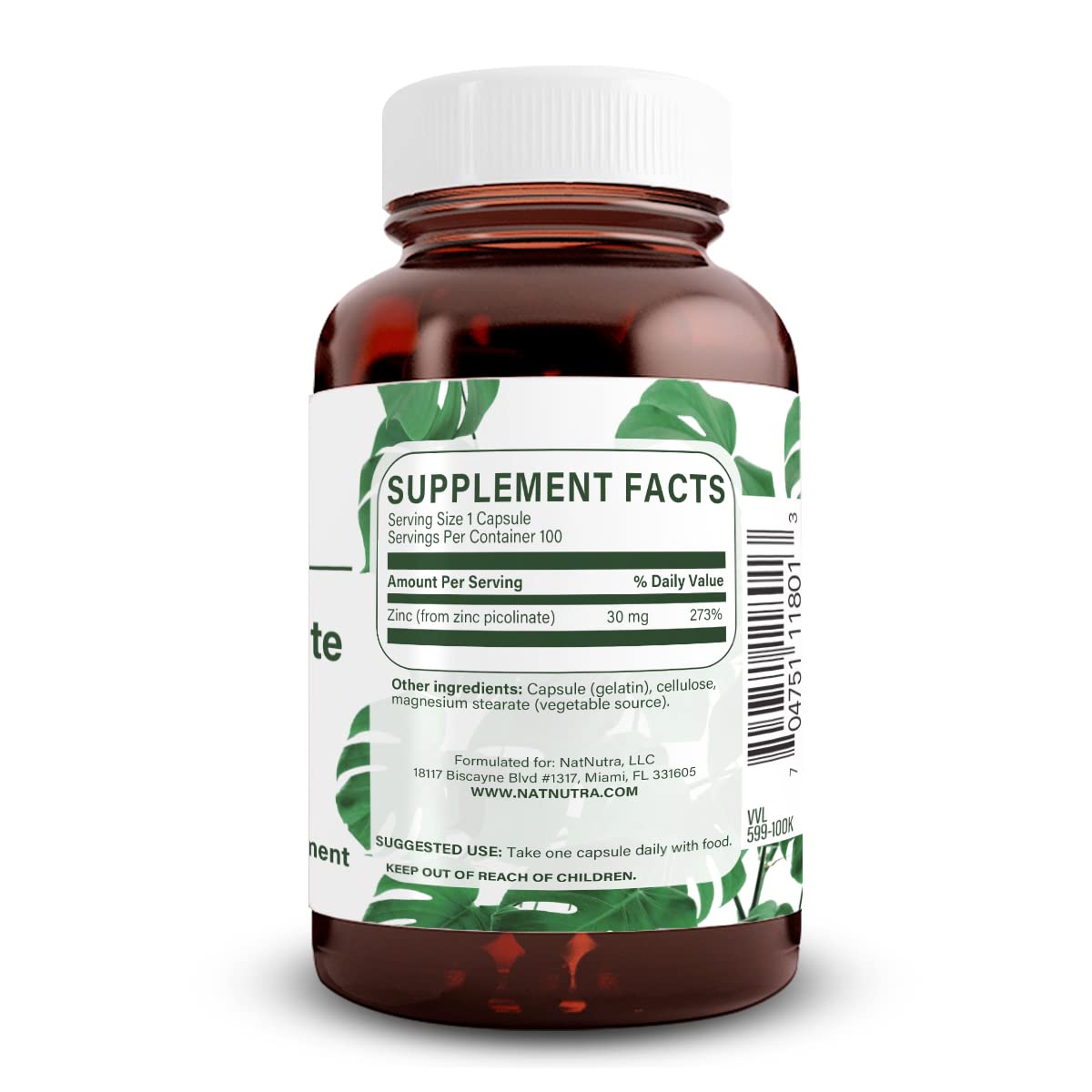Natural Nutra Zinc Picolinate 30 mg cápsulas fáciles de tragar para uso diario.
