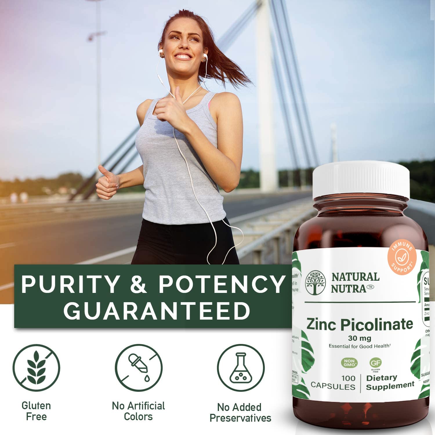Natural Nutra Zinc Picolinate 30 mg frasco de vidrio ámbar para máxima protección.