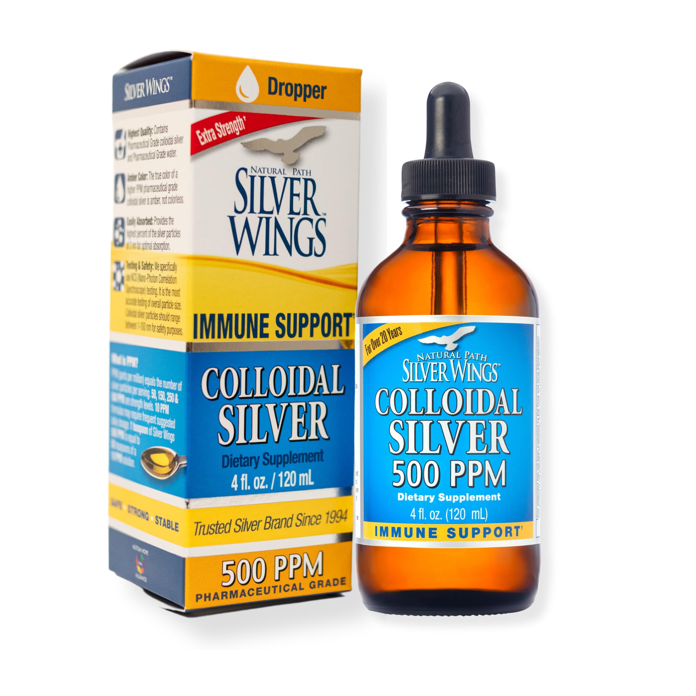 Natural Path Silver Wings plata coloidal 500ppm en botella ámbar para uso diario