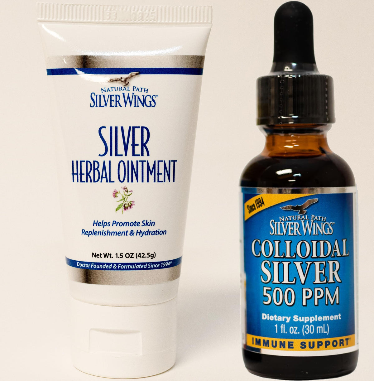 Natural Path Silver Wings botella de plata coloidal 500 ppm para uso diario.