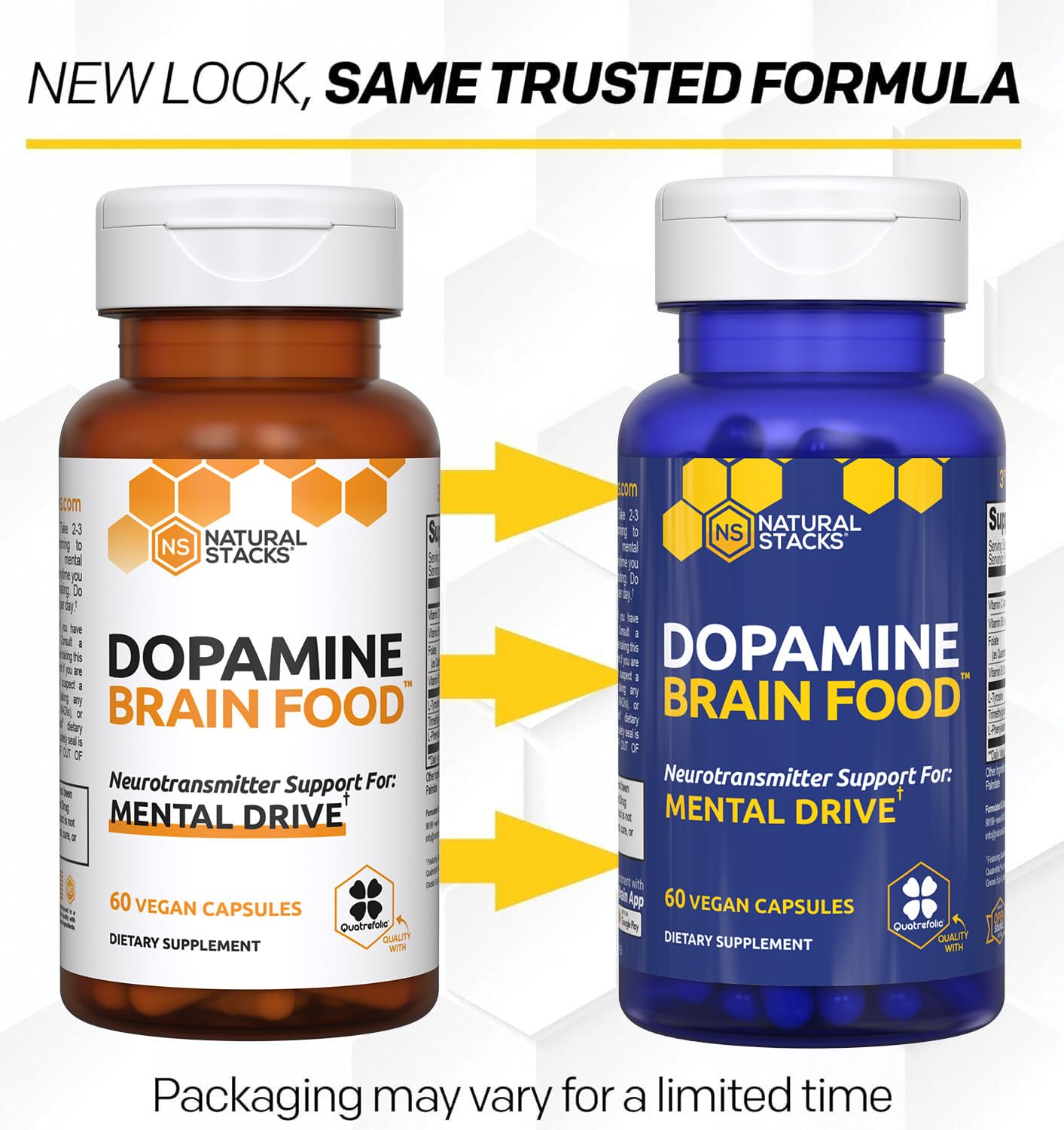 Natural Stacks Dopamine Brain Food etiqueta frontal resalta información de nutrientes clave