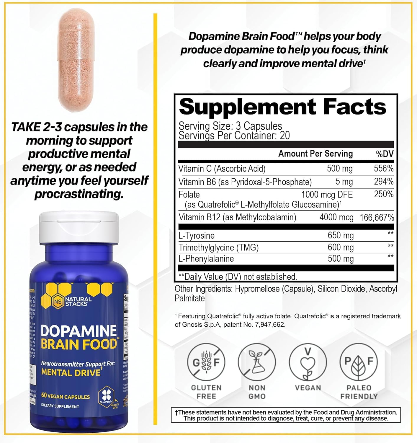 Natural Stacks Dopamine Brain Food: etiqueta muestra L-Tirosina 650 mg