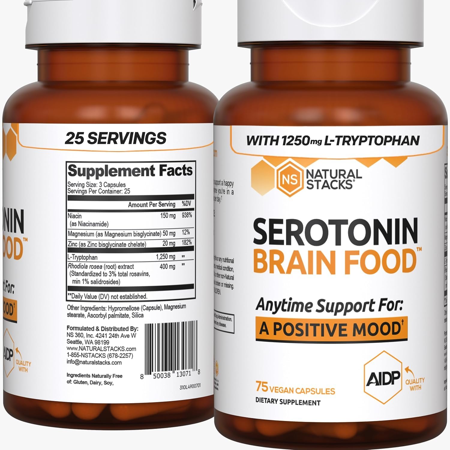 Natural Stacks Serotonin Brain Food, bote, soporte para ánimo diario.