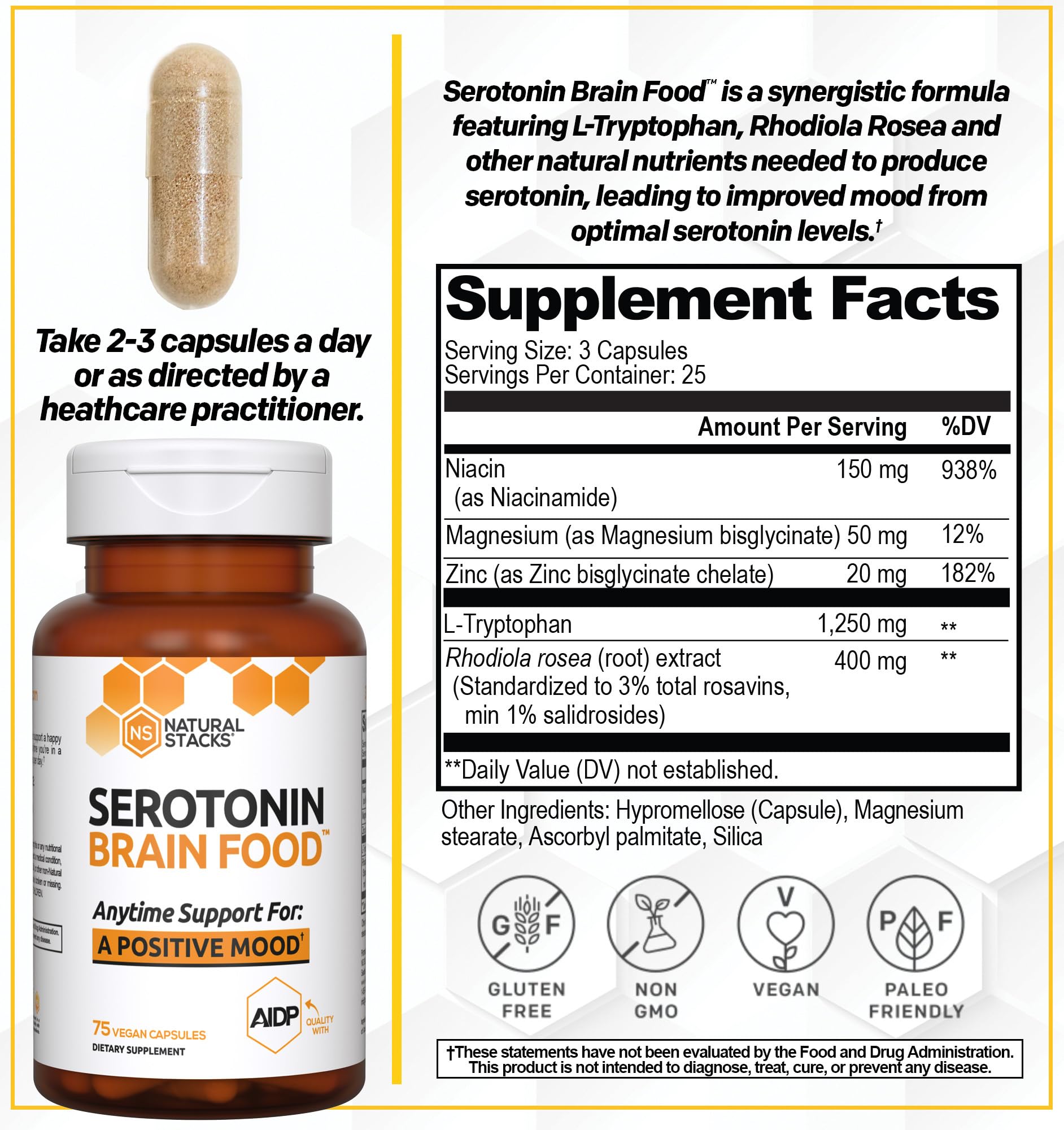 Natural Stacks Serotonin Brain Food, etiqueta, resalta ingredientes clave.