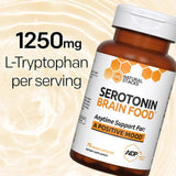 Natural Stacks Serotonin Brain Food, ingredientes clave, con L-triptofano y Rhodiola.