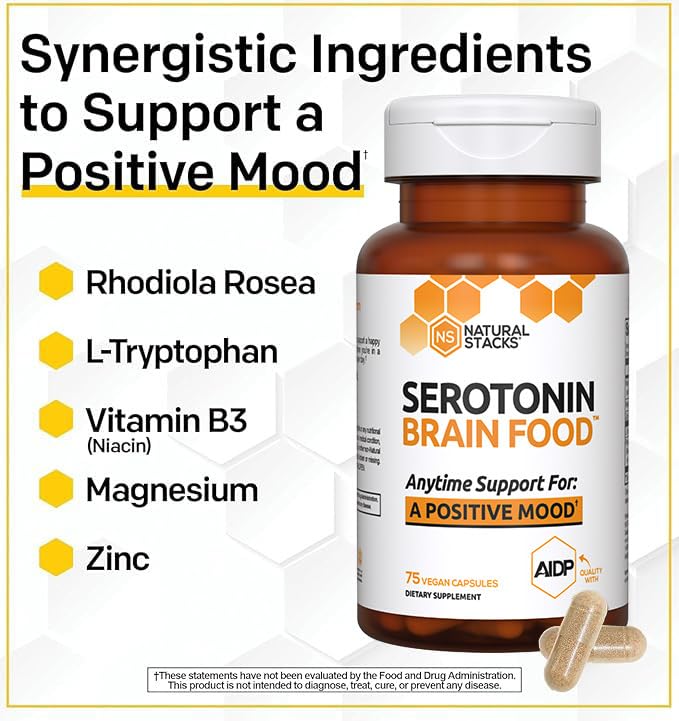 Natural Stacks Serotonin Brain Food, Rhodiola Rosea, recomienda resiliencia ante estrés.