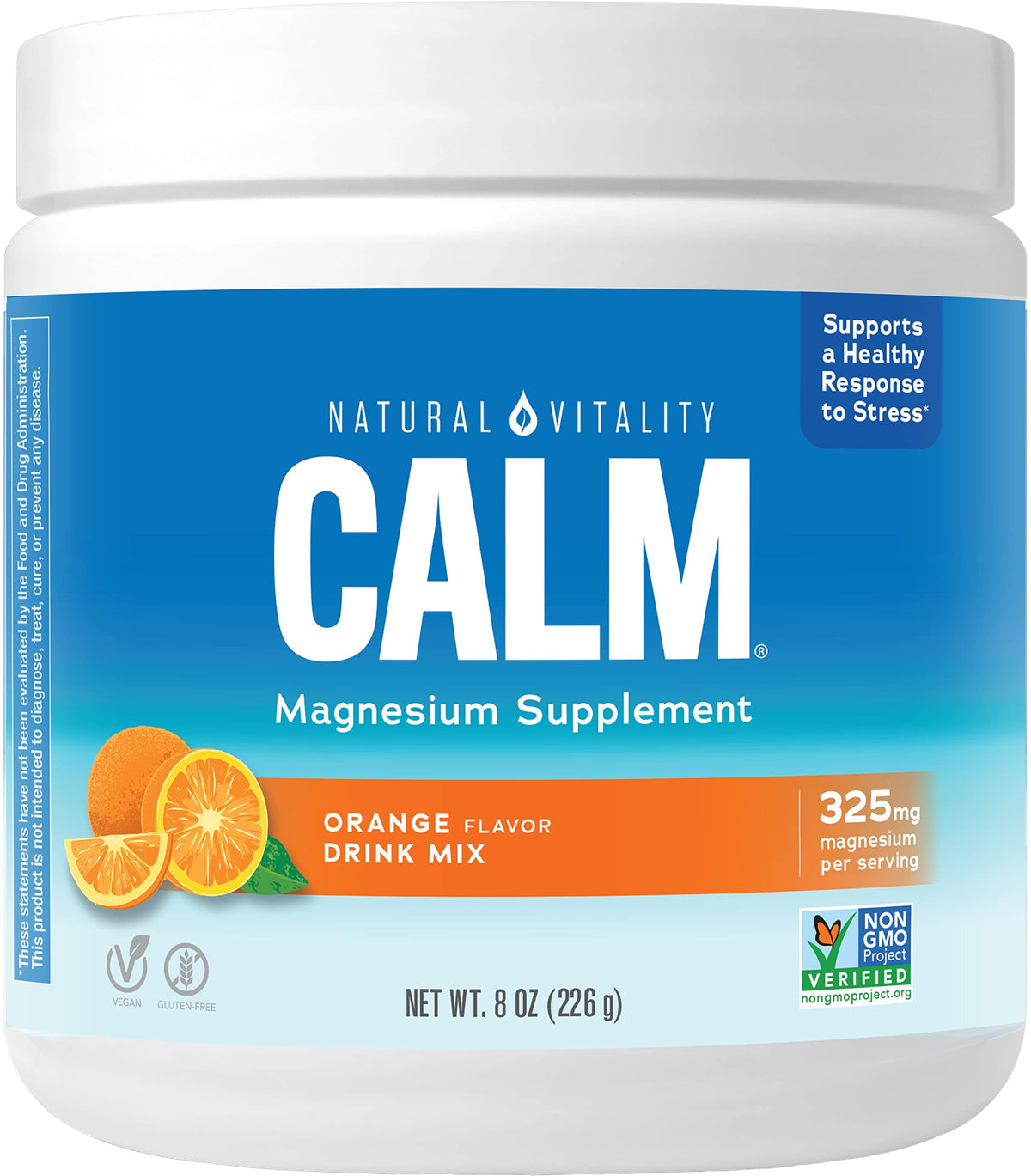 Natural Vitality CALM, frasco naranja, polvo para una experiencia calmante diaria.