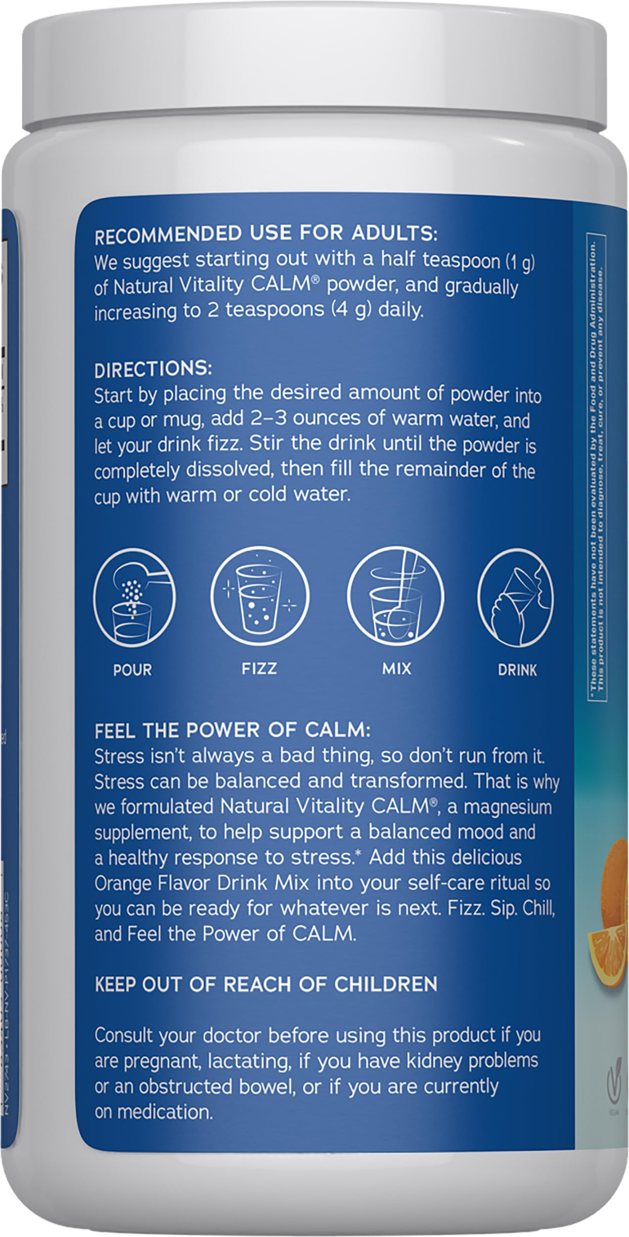 Natural Vitality CALM: vaso con bebida naranja lista para relajación.