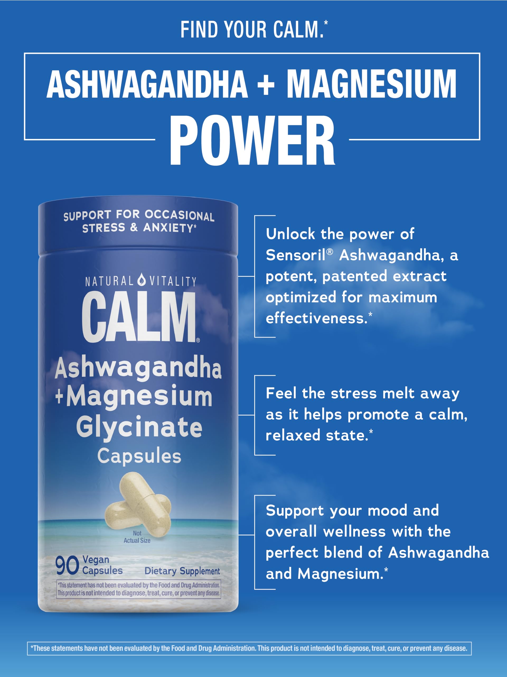 Natural Vitality CALM, etiqueta frontal, destaca ingredientes calmantes y sensaciones de serenidad