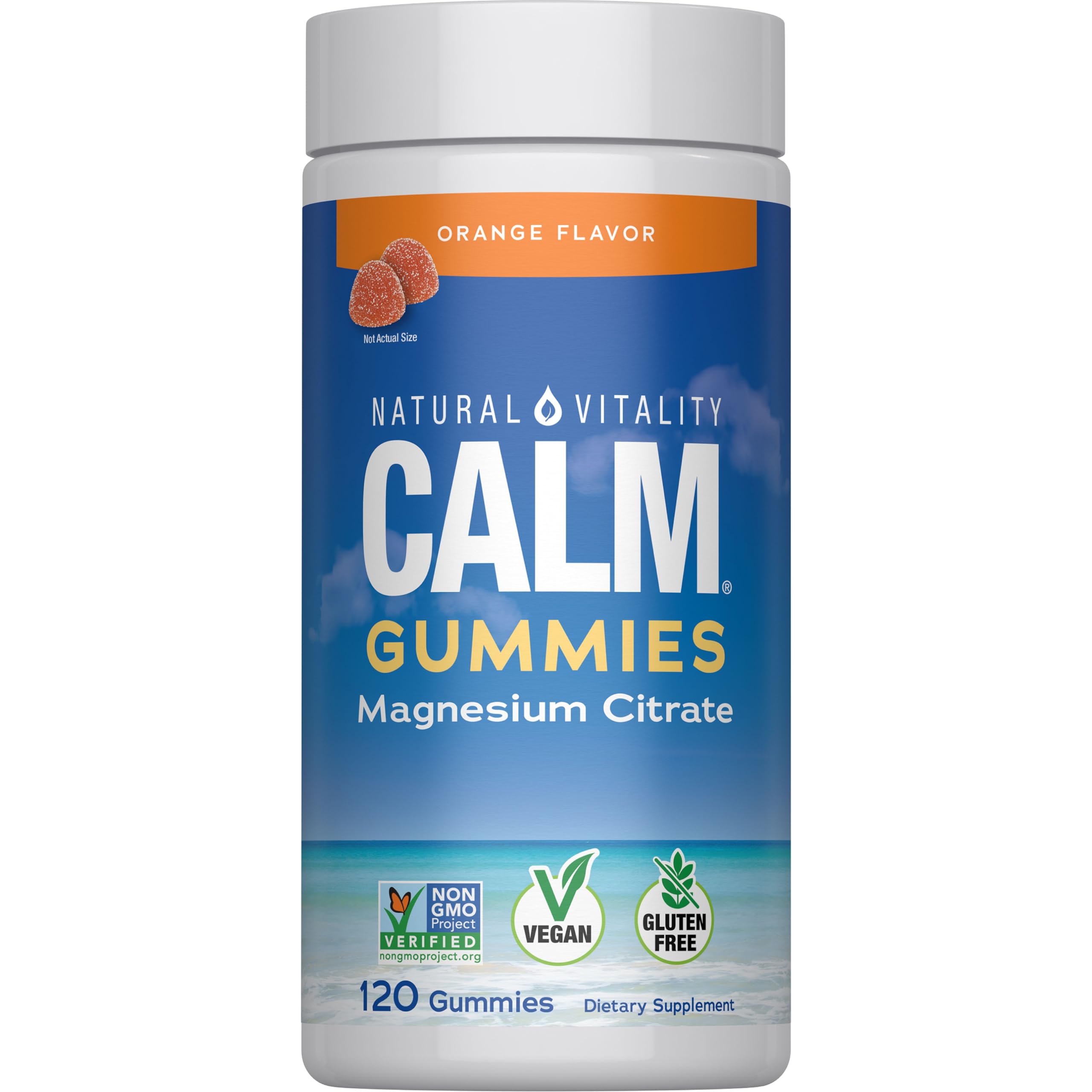 Natural Vitality Calm gomitas magnesio naranja, embalaje práctico para compra rápida.