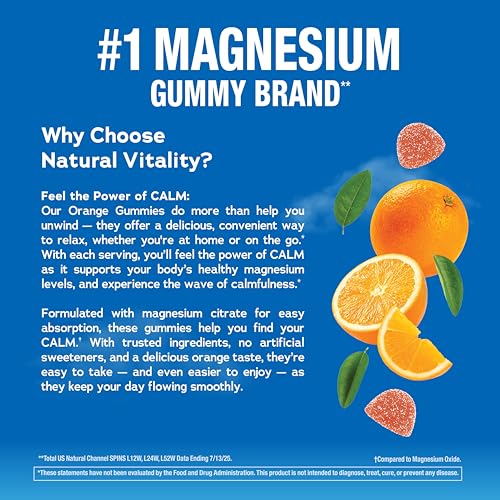 Natural Vitality Calm gomitas magnesio naranja, etiqueta clara para ver ingredientes y valores.