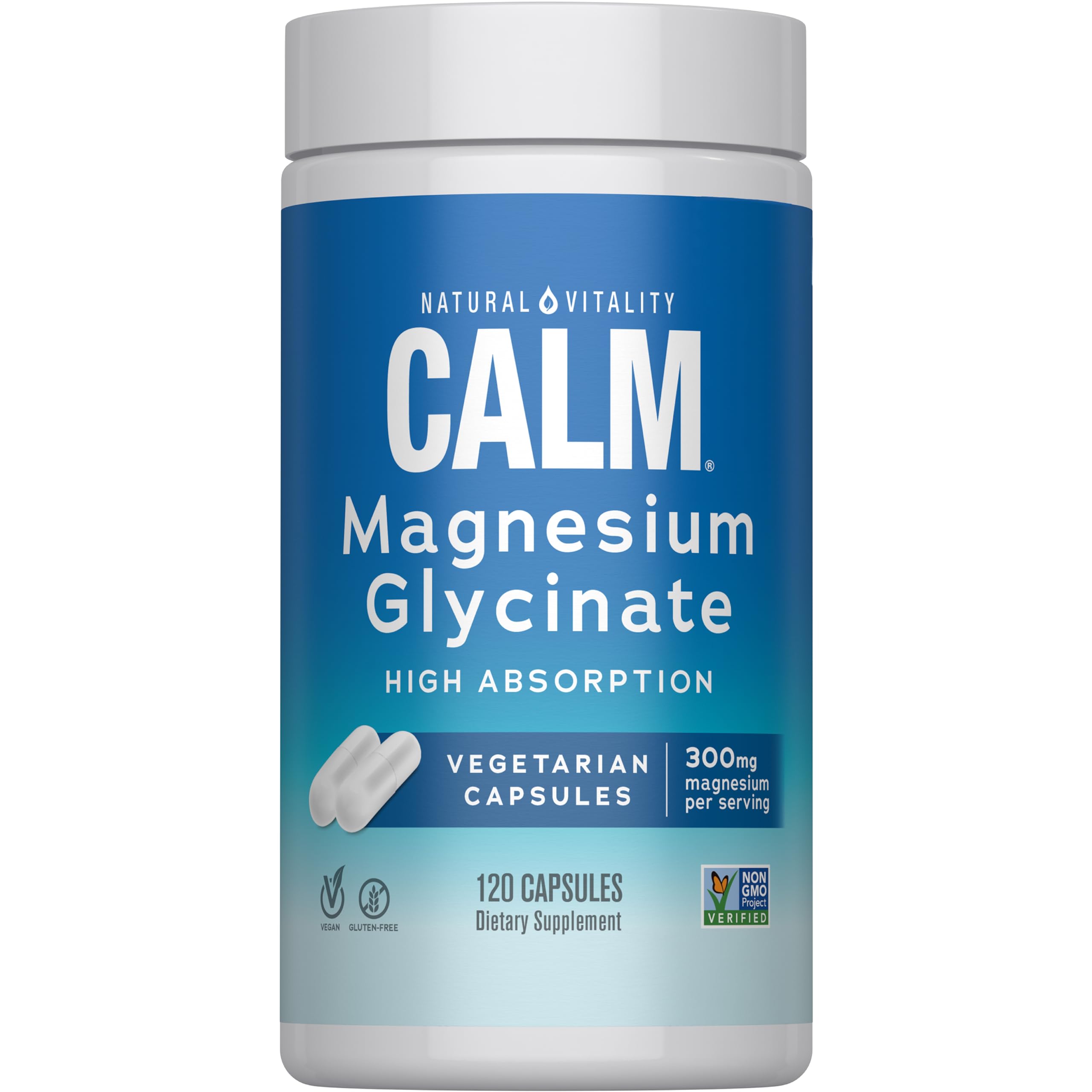 Natural Vitality Calma Magnesio, botella de 120 cápsulas, apoyo para la relajación diaria.