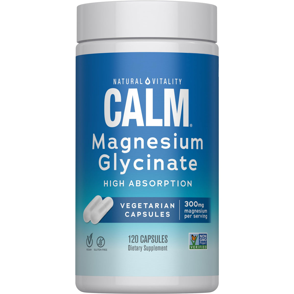 Natural Vitality Calma Magnesio, botella de 120 cápsulas, apoyo para la relajación diaria.