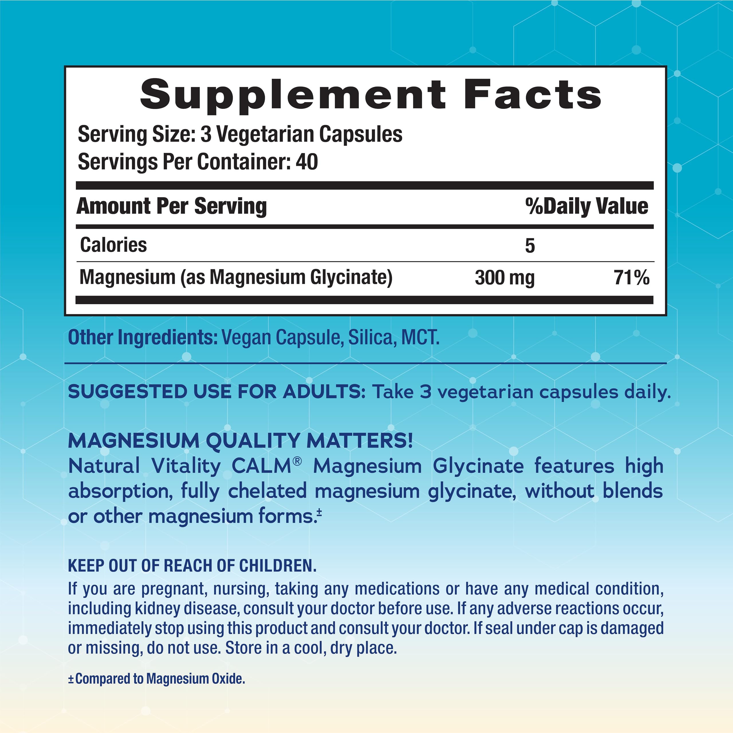 Natural Vitality Calma Magnesio, etiqueta visible en la botella, uso diario potencial.
