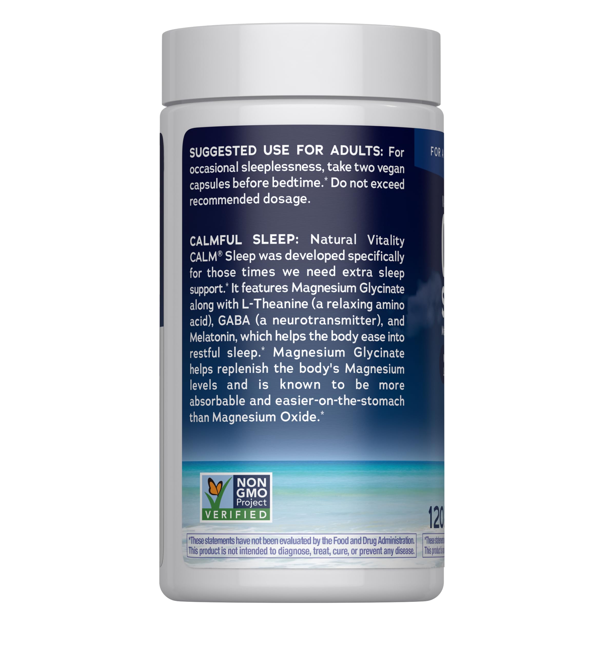 Natural Vitality CALM Sleep caja que destaca cápsulas veganas, sin gluten ni OGM