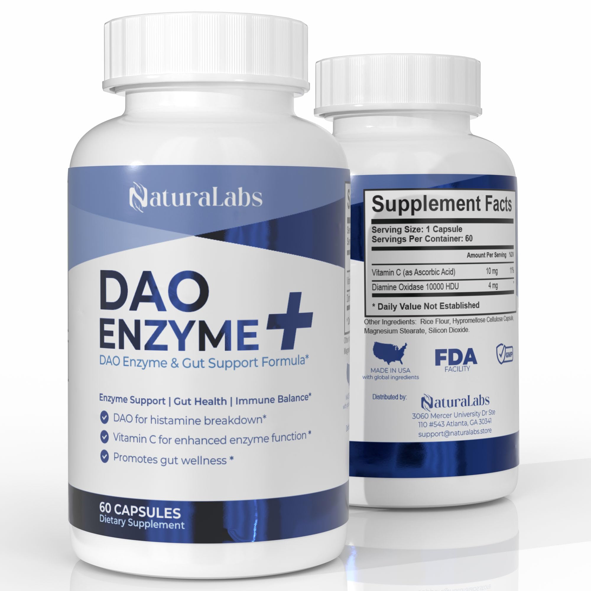 NATURALABS DAO Enzyme, botella frontal, cápsulas para apoyar la digestión de las comidas.