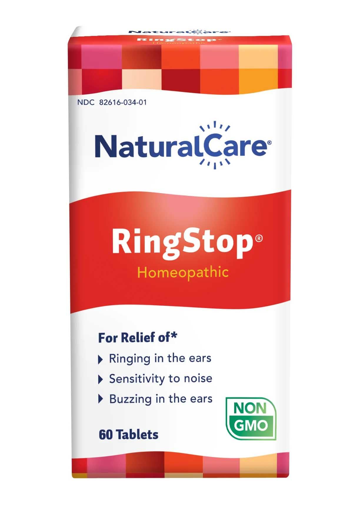 NaturalCare RingStop tabletas 60ct, caja frontal, alivio suave de zumbidos.