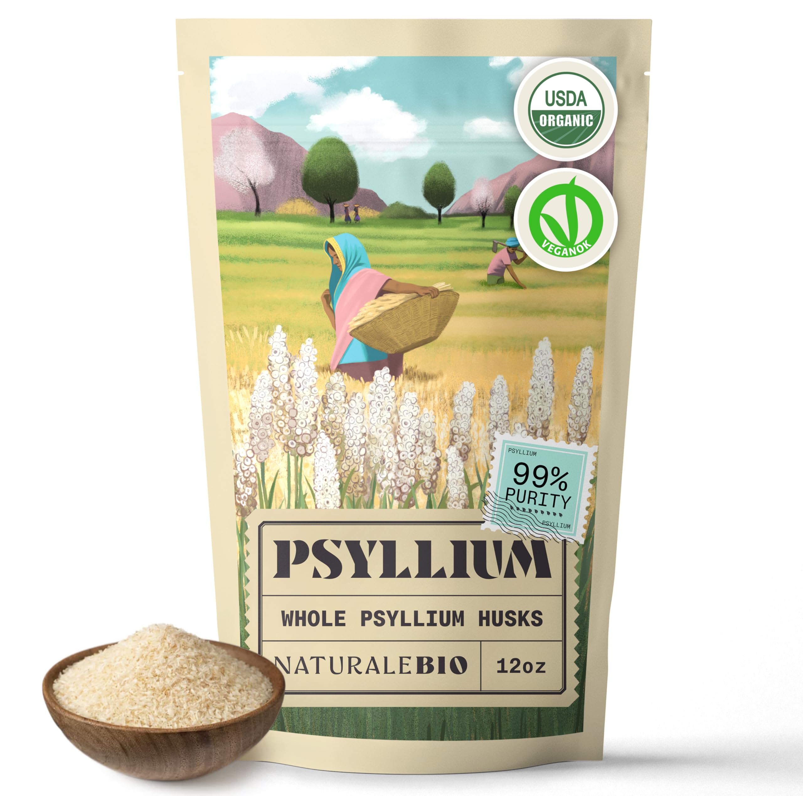 NaturaleBio Psyllium entero en cascara, empaque orgánico para fibra diaria