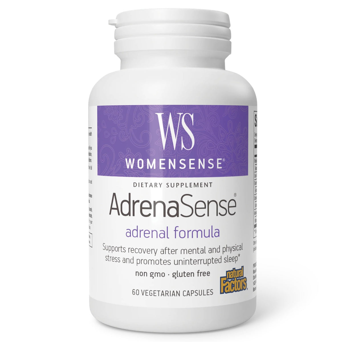 Natural Factors AdrenaSense, botella de cápsulas, ideal para apoyo diario frente al estrés.