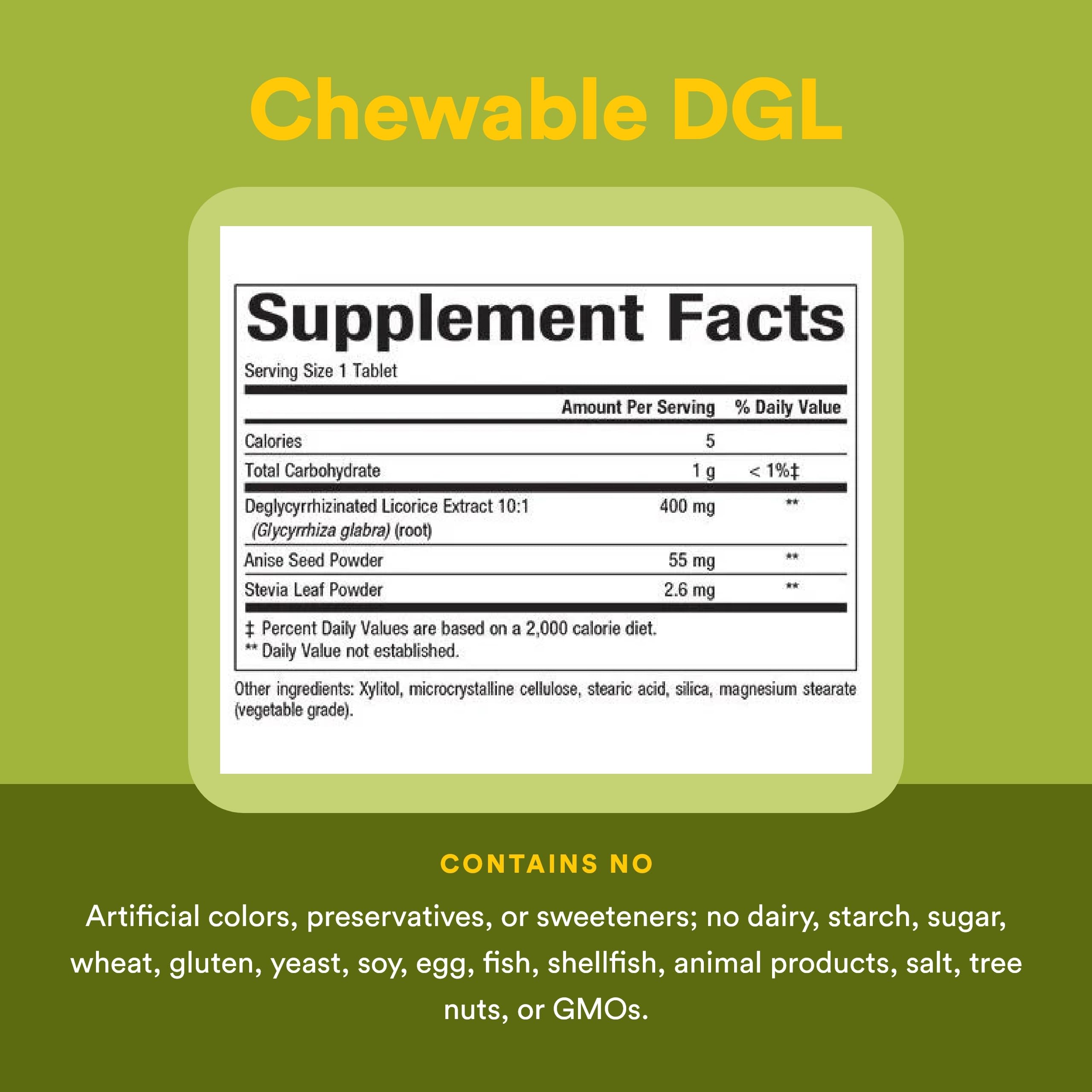 Etiqueta de Natural Factors DGL sin gluten y sin OGM para claridad del producto.