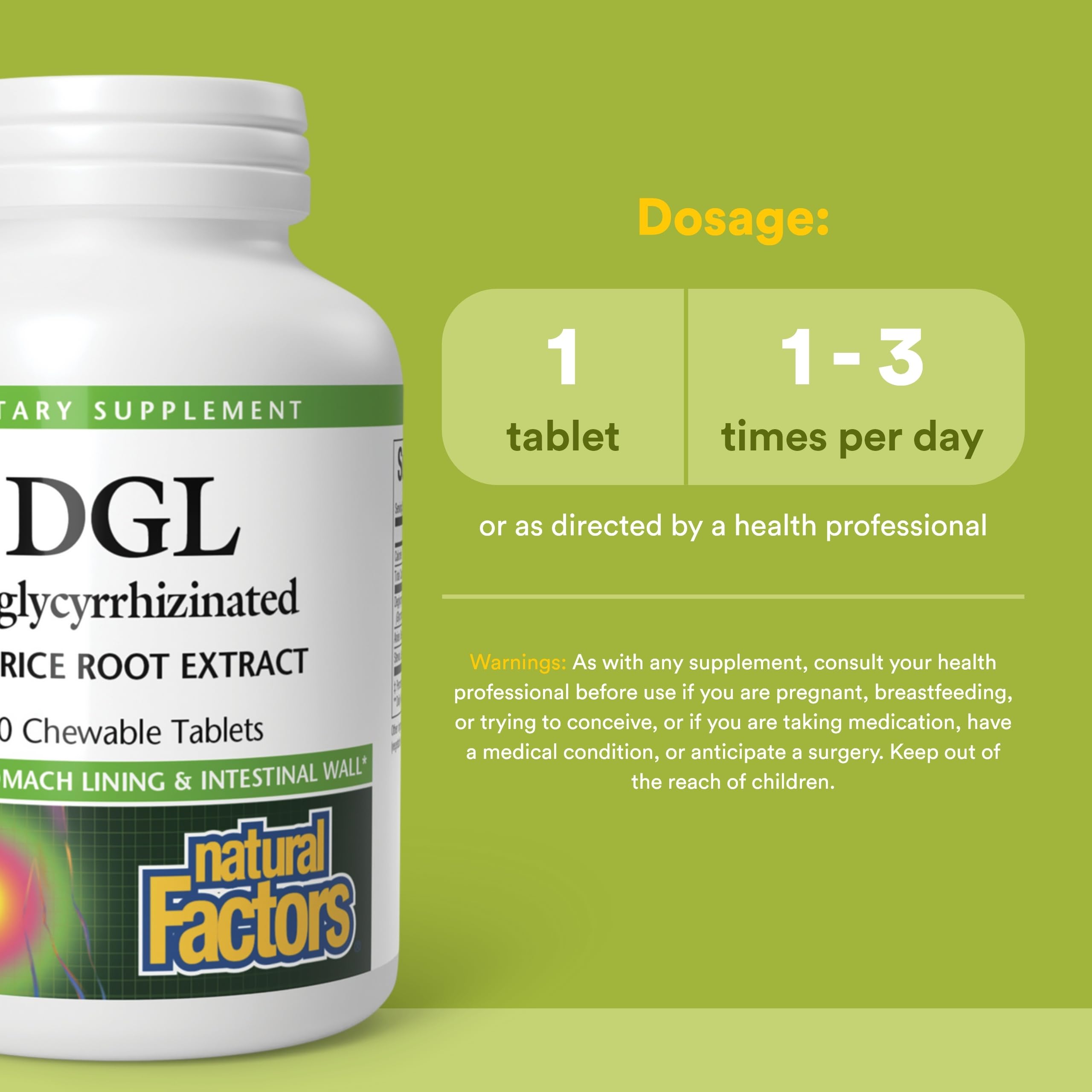 Tabletas masticables Natural Factors DGL con textura suave al masticar.