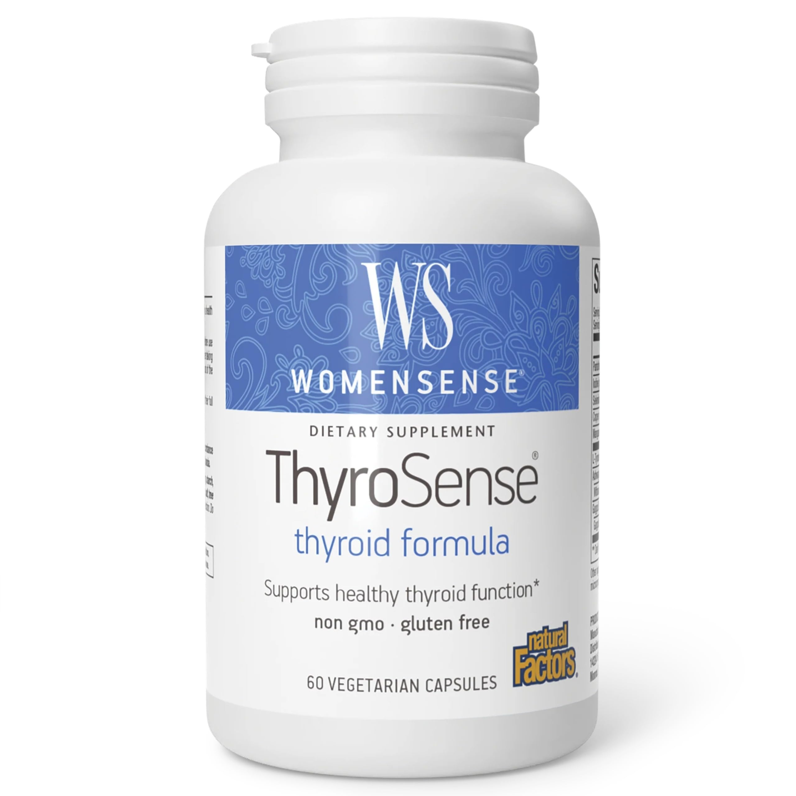 Natural Factors ThyroSense: botella de cápsulas para apoyo tiroideo diario.