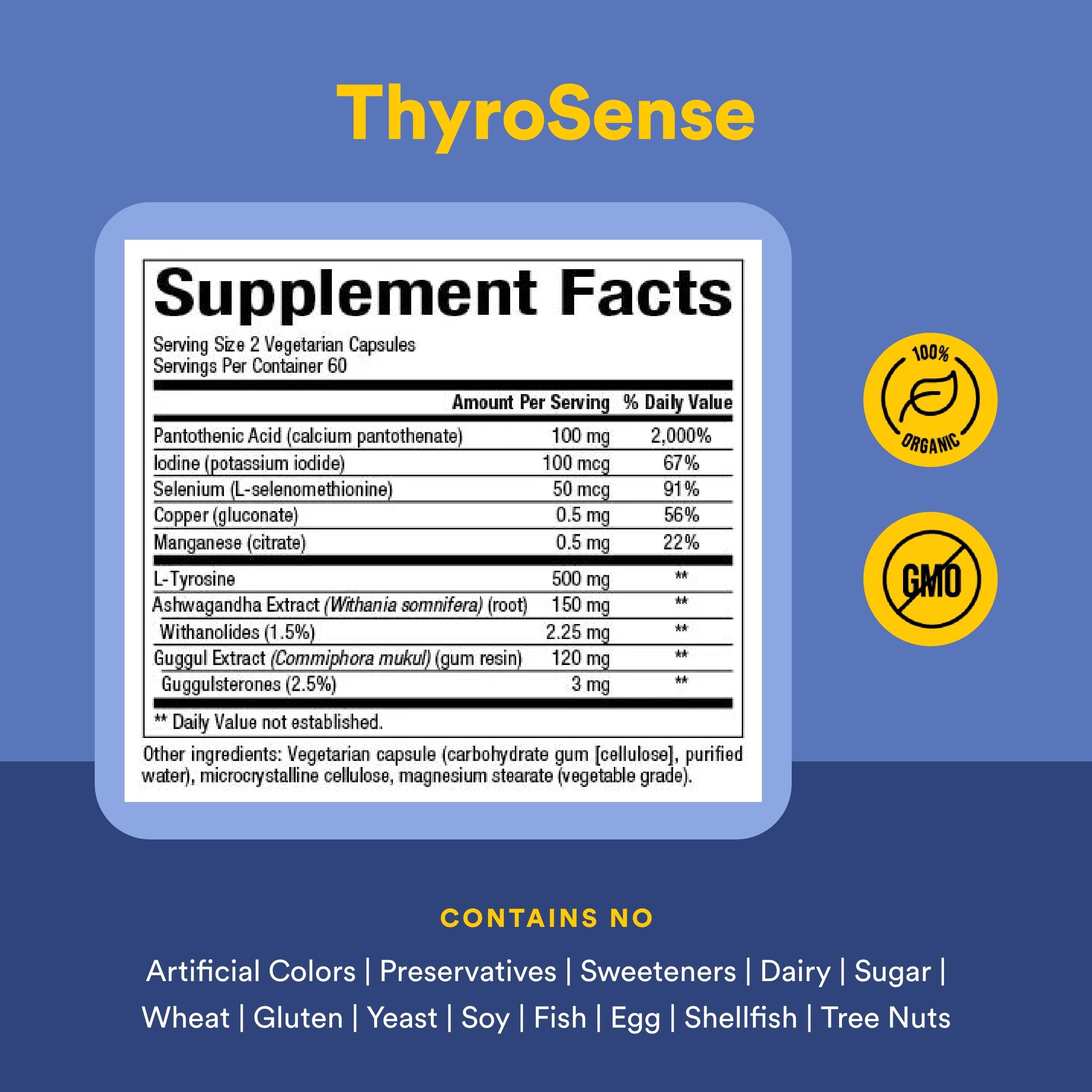 Natural Factors ThyroSense: etiqueta clara y certificaciones de calidad.