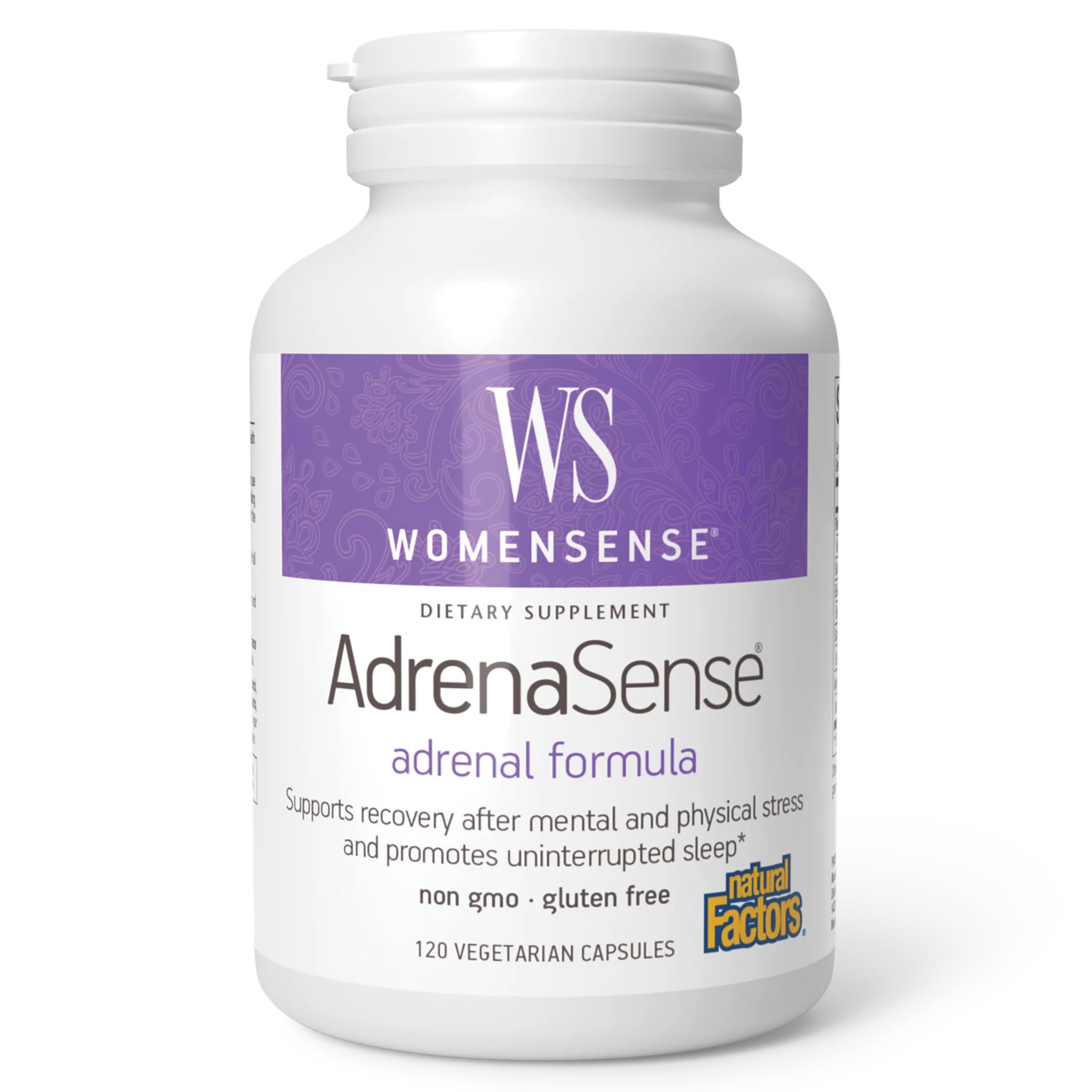Natural Factors AdrenaSense botella mostrando el envase y apoyo al estrés
