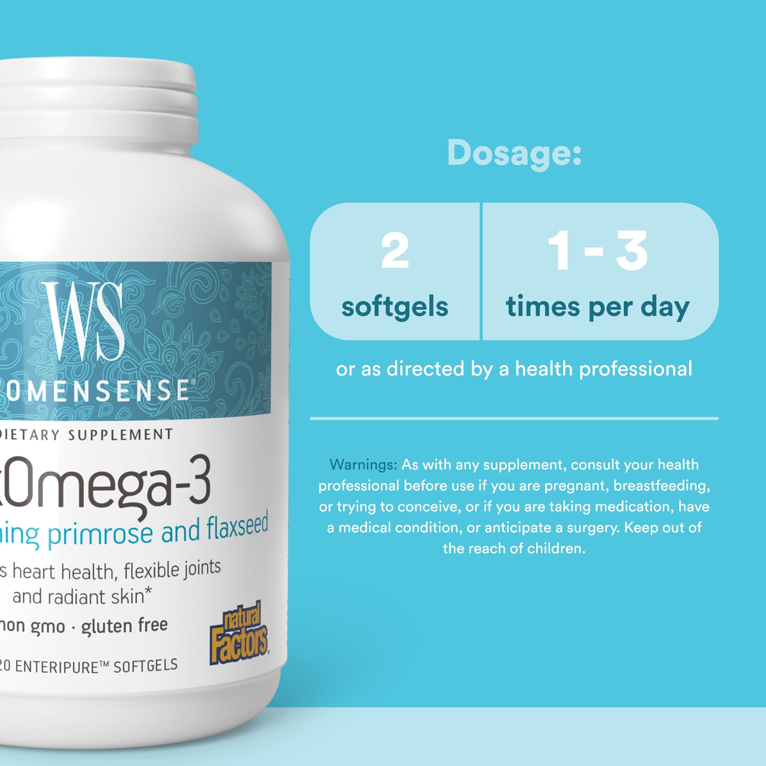 Natural Factors WomenSense RxOmega-3, cápsulas de linaza con ácidos grasos esenciales.