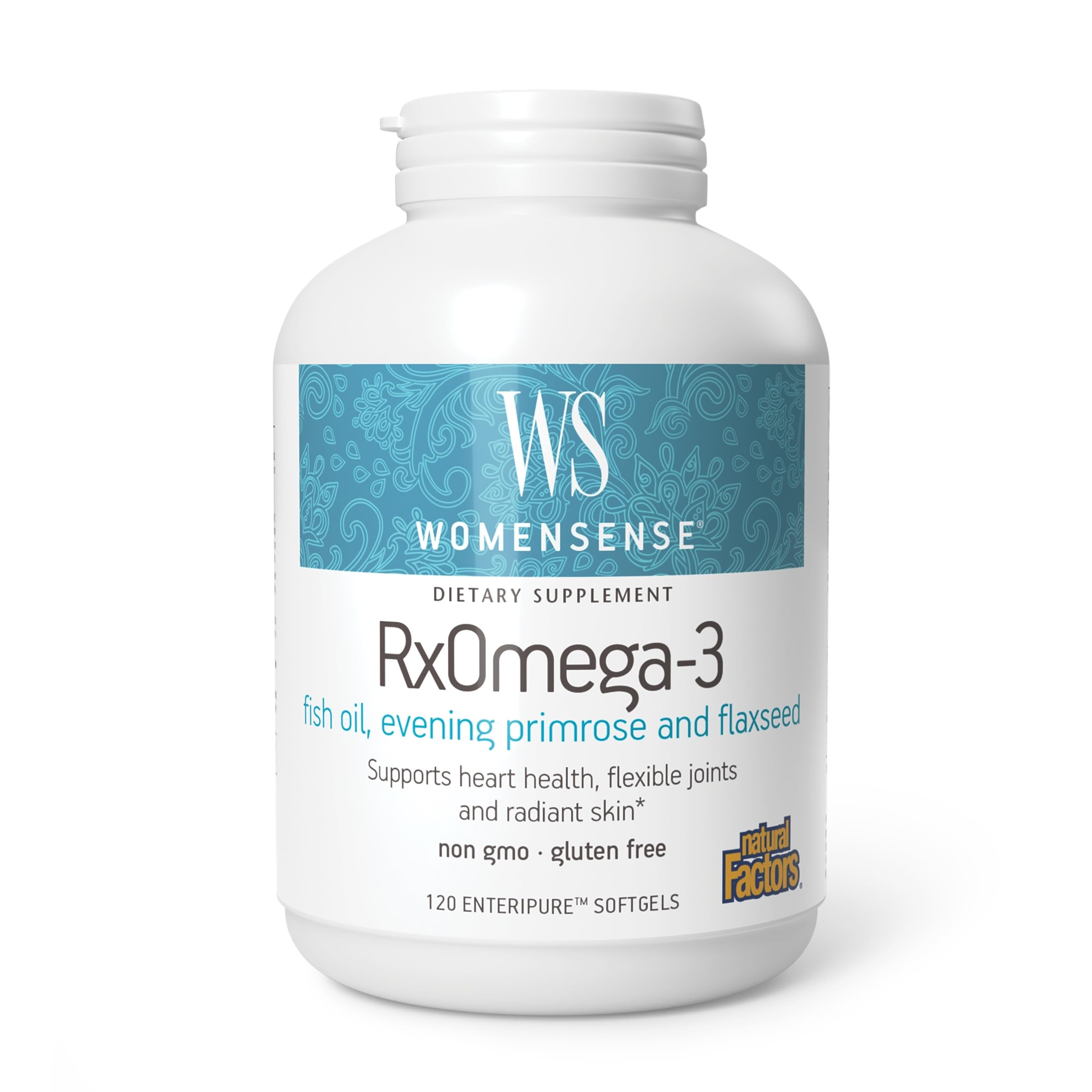 Natural Factors WomenSense RxOmega-3, botella de cápsulas con EPA/DHA para la salud cardíaca.