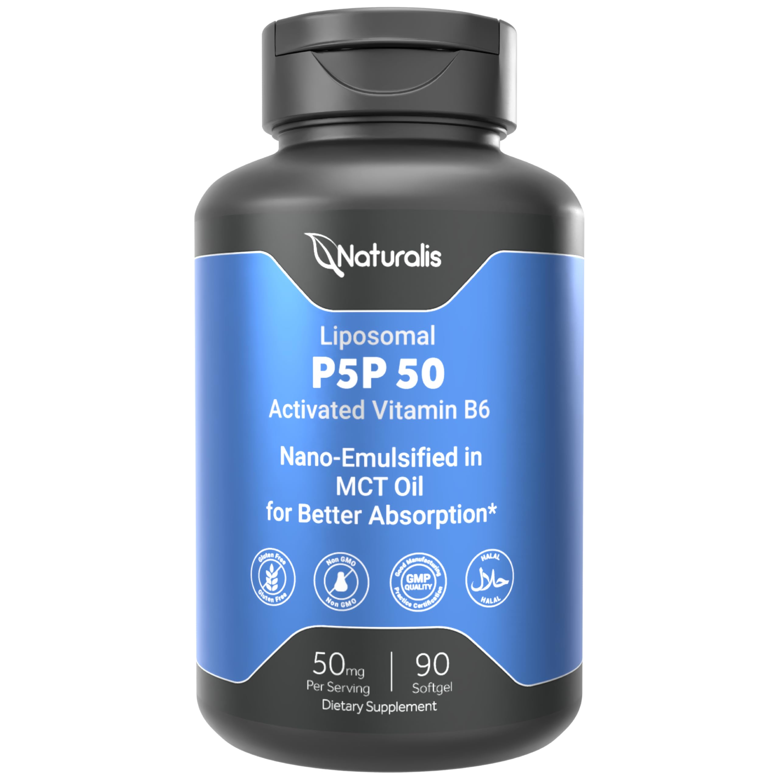 Naturalis Liposomal P-5-P: botella volcada muestra liberación liposomal para mejor absorción
