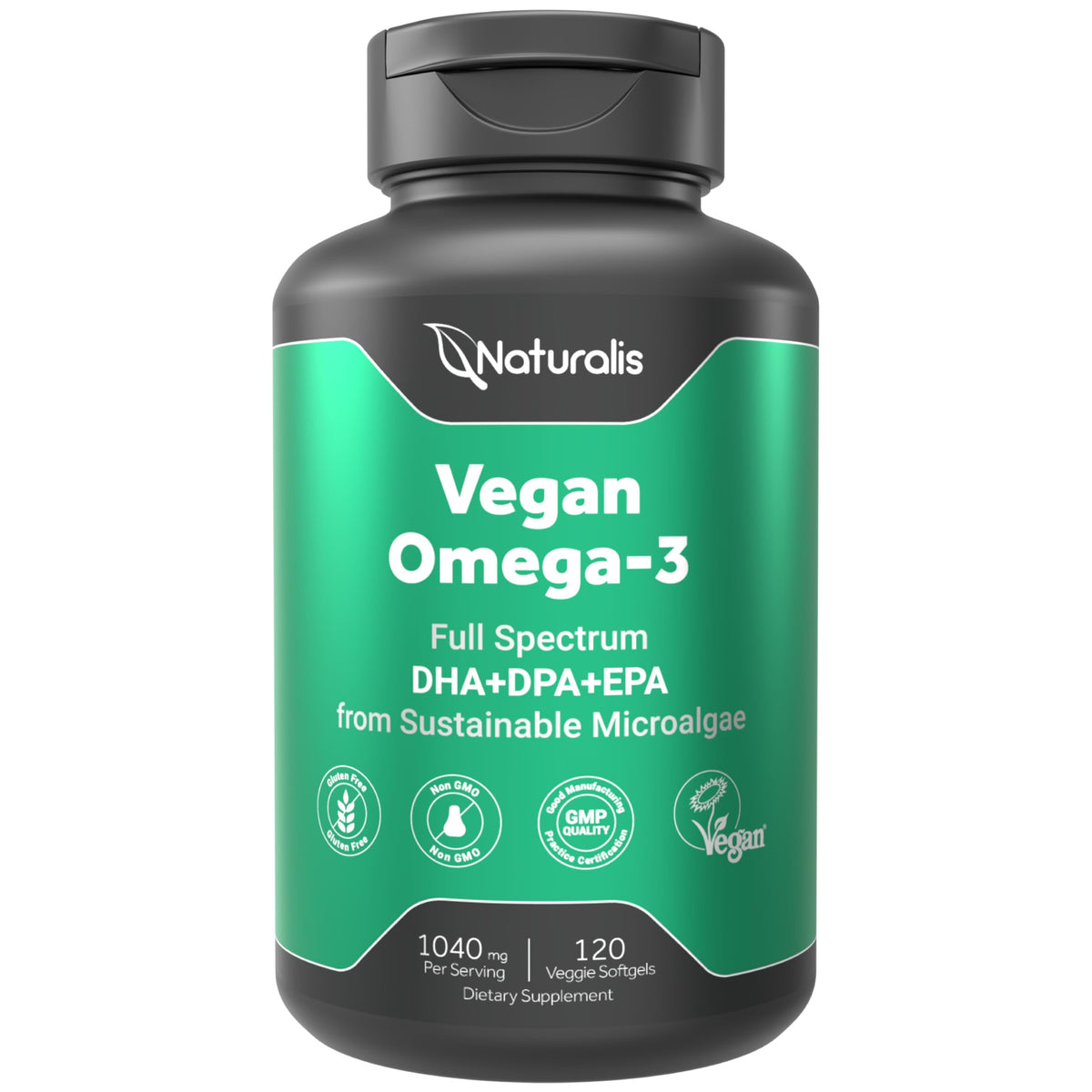 Naturalis Omega3 vegano en botella, apoyo para una dieta equilibrada basada en algas