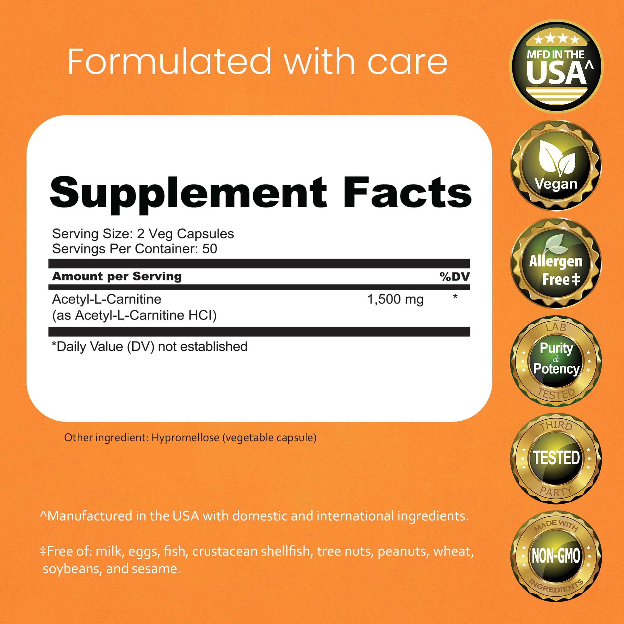Cápsulas veganas Naturallife Labs Acetil L-Carnitina para energía sostenida.