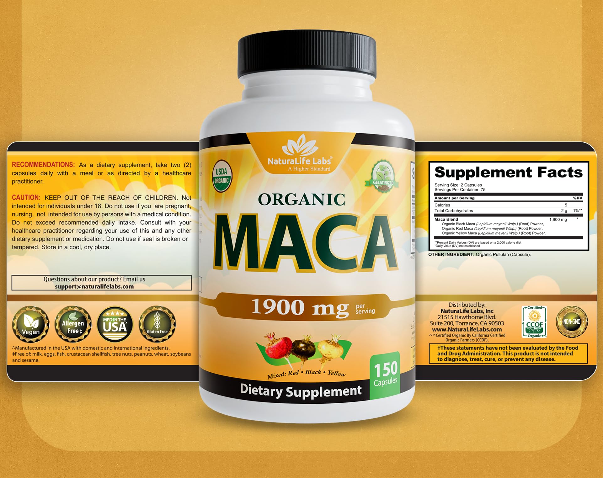 NaturaLife Labs Maca Certificación GMP en etiqueta