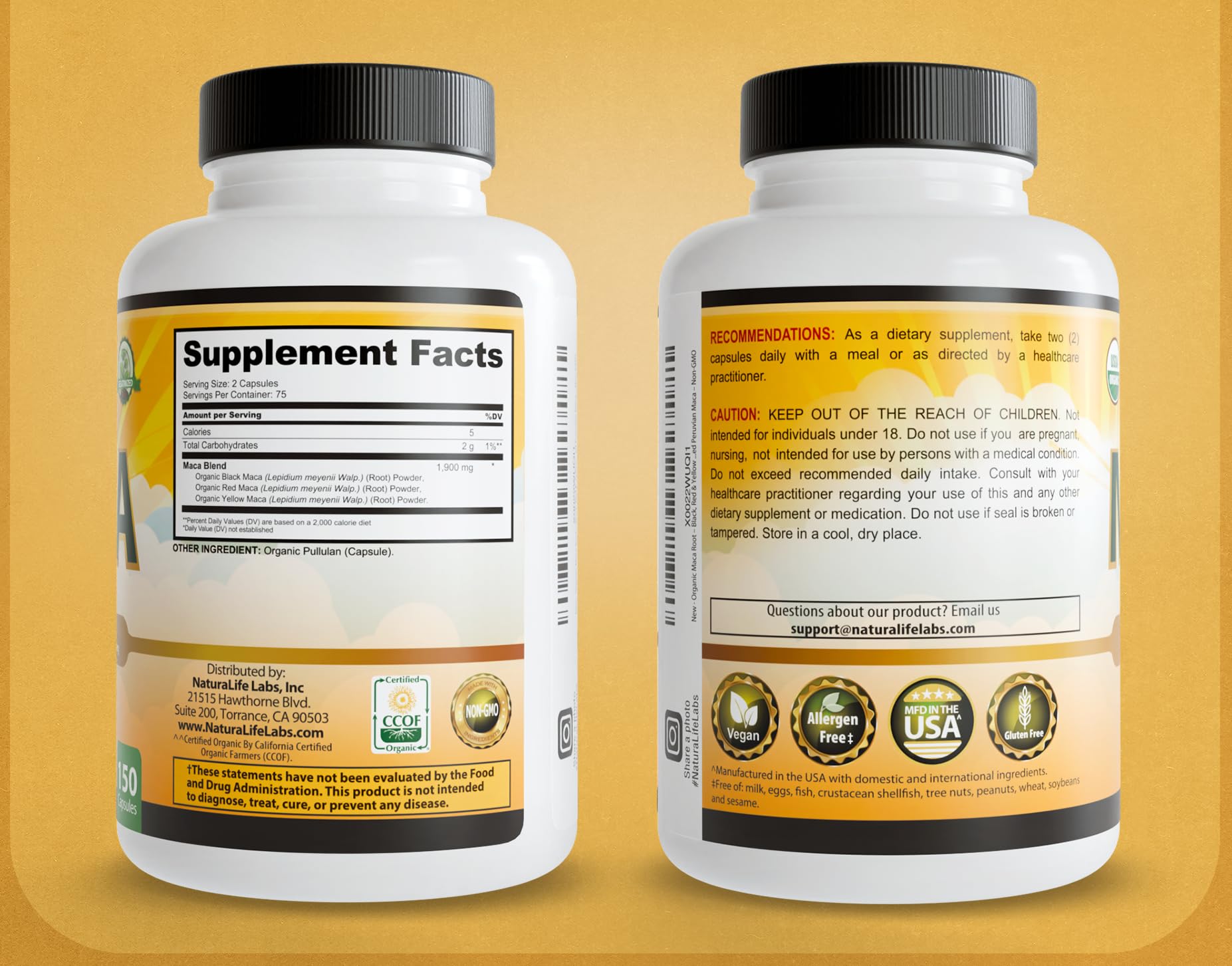 NaturaLife Labs Maca Etiqueta Dorso con detalles de ingredientes