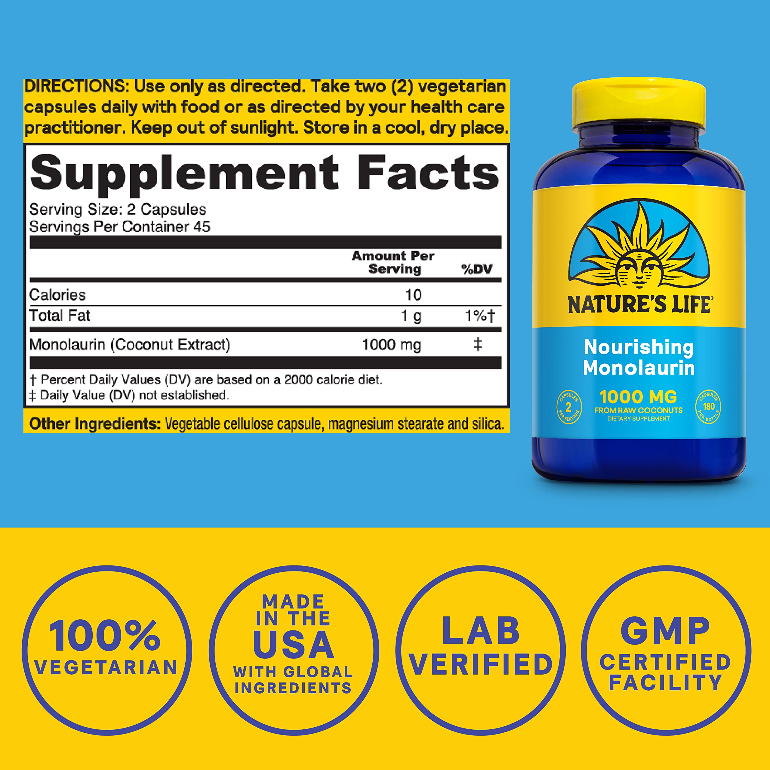 Nature's Life Monolaurin: etiqueta clara para entender dosis y beneficios.