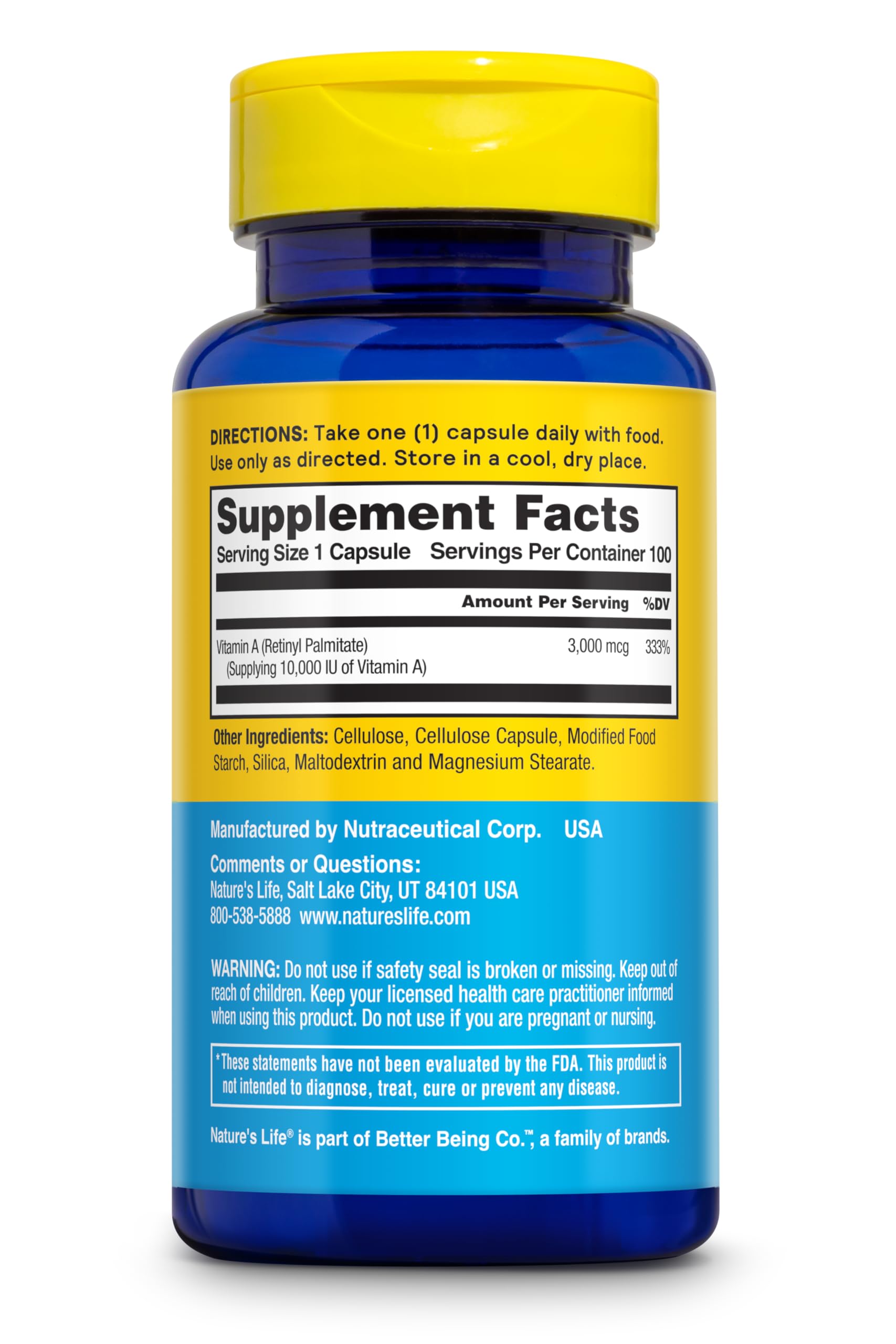 Nature's Life Vitamina A 10,000 UI en botella para apoyo al sistema inmunológico