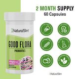 NaturalSlim Good Flora botella en cocina lista para uso diario del sistema digestivo.