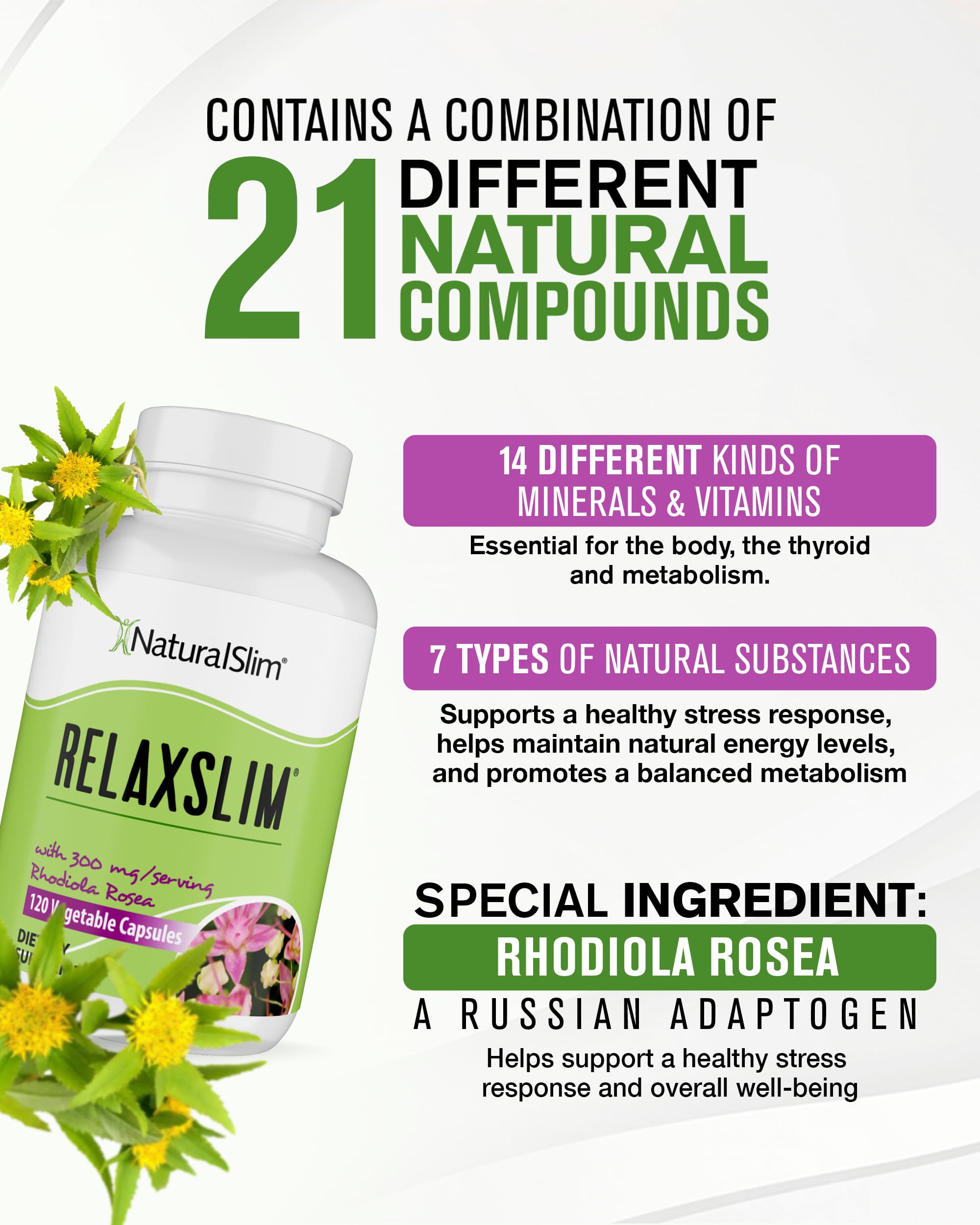NaturalSlim Relaxslim etiqueta Rhodiola Rosea destaca adaptógenos.