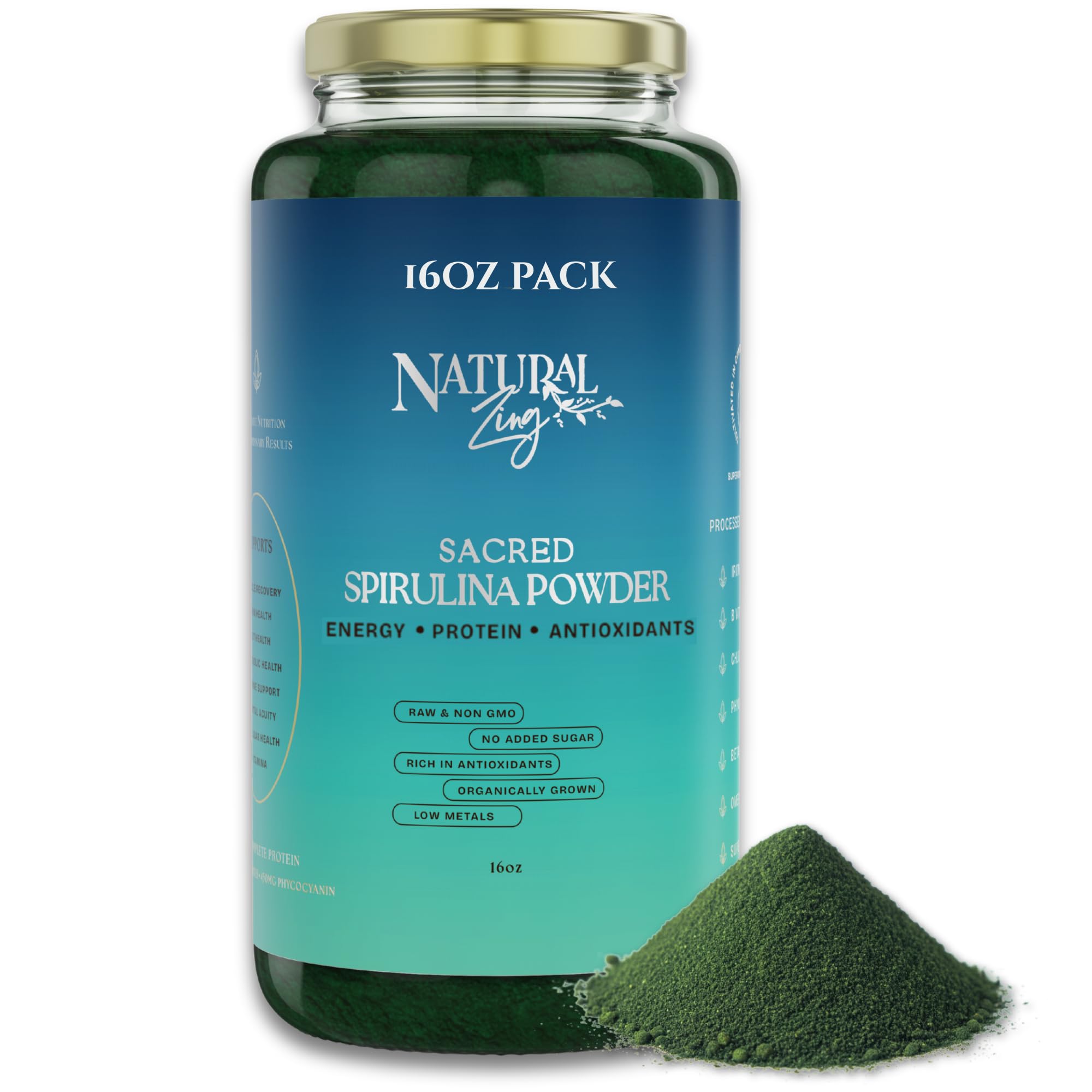 NaturalZing espirulina polvo 100% orgánico para energía diaria y nutrición vegetal.