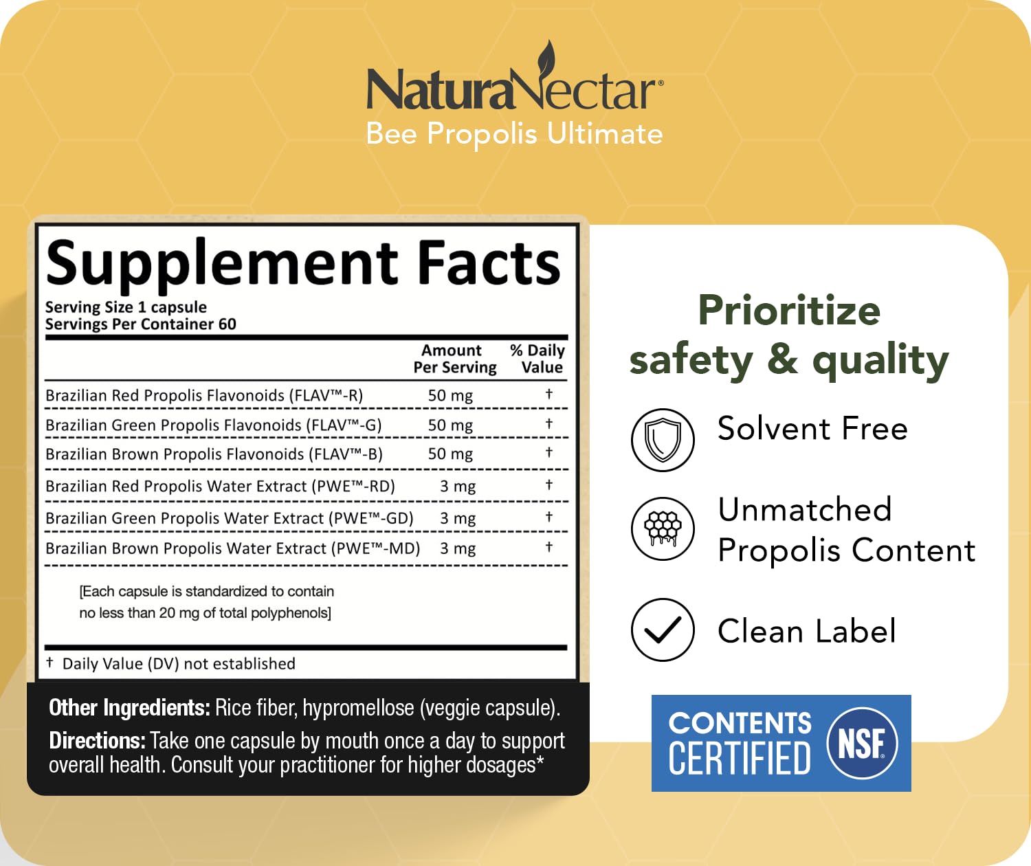NaturaNectar botella de propóleos con etiqueta NSF para calidad certificada.